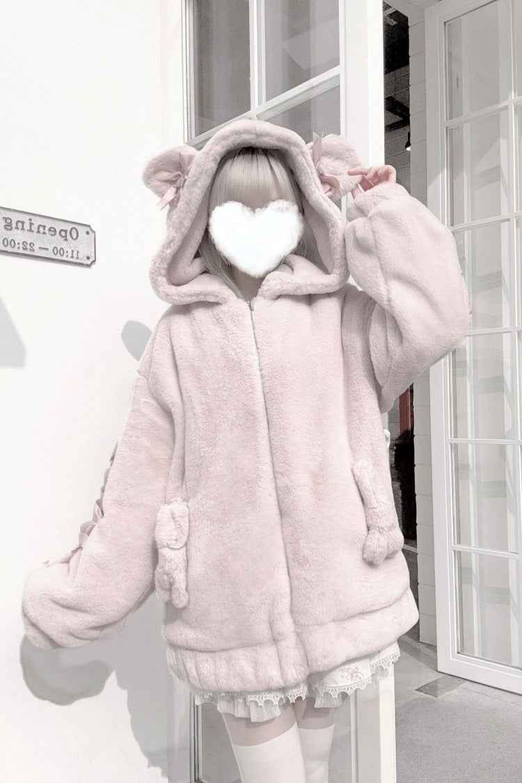 Sleepy Bear Fluffy Japanese Jirai Kei Coat with Bow and Lace-Up