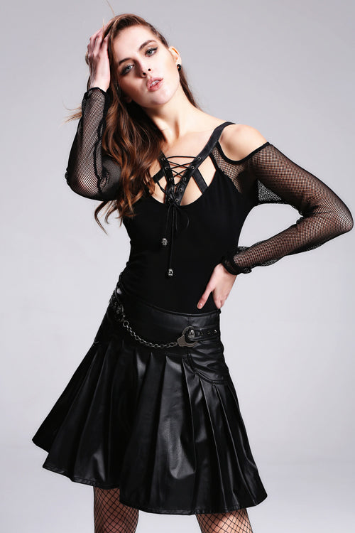 Leather Strap Lace-Up Punk Modal T-Shirt for Women