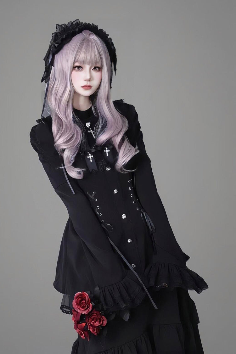 Black Long Trumpet Sleeves Ruffle Gothic Jirai Kei Dress Set - 2 Colors