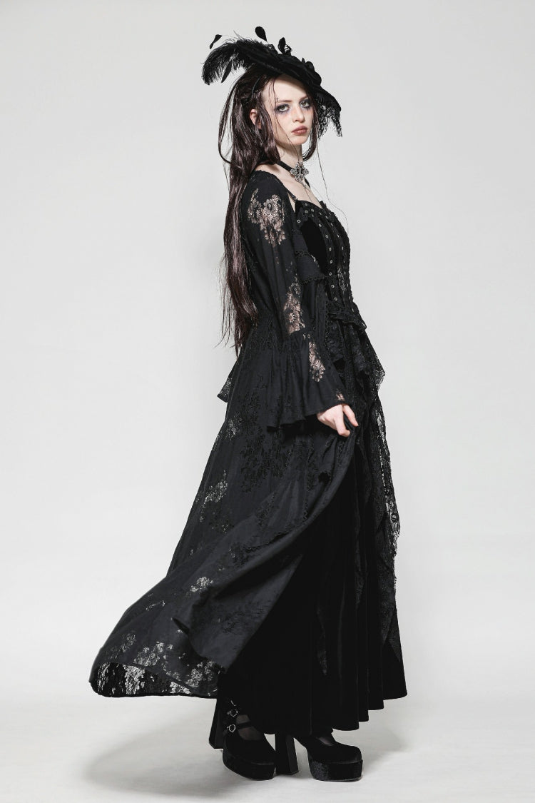 Jet-Black Elegant Robe with Lace Trim and Lacing for Women