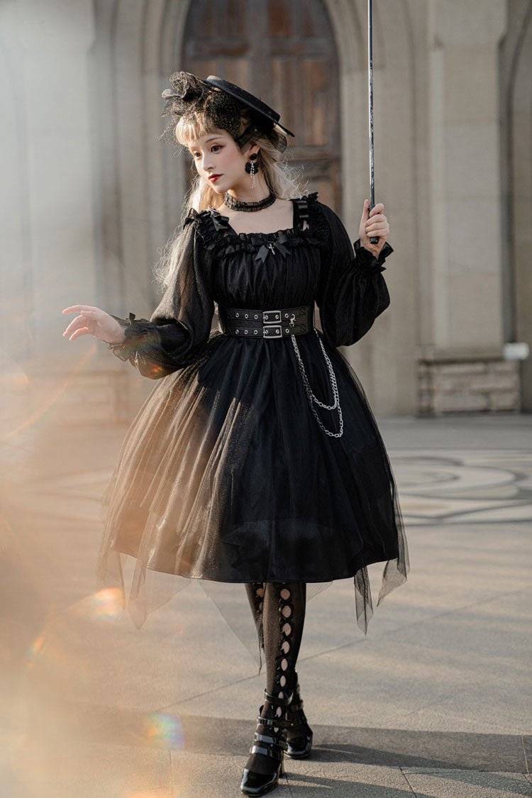 Black Square Collar Gothic Lolita OP Dress Metal Chain Organza Stitching - Altfashion Shop