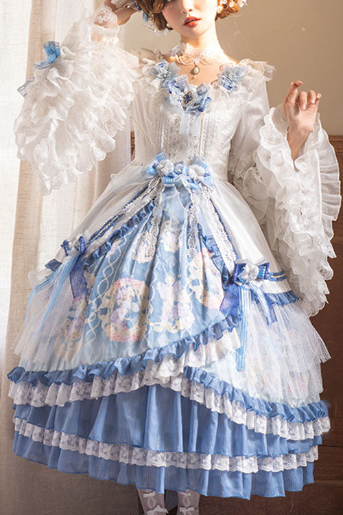 Cerulean and Ivory Embroidered Floral Hanayome Long Sleeve Multi-Layer Ruffled Sweet Lolita OP Dress