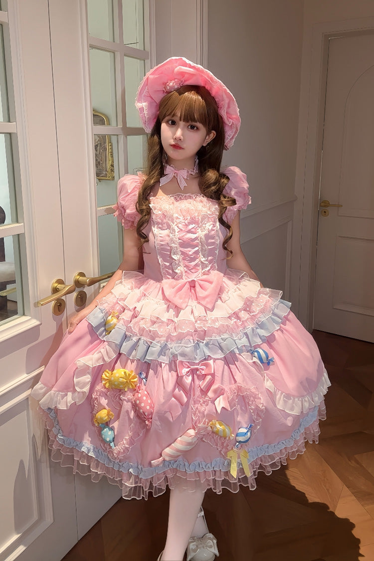 Pink Candy Party Short Sleeves Multi-Tiered Ruffled Bow Lace Lace-Up Sweet Lolita Dress