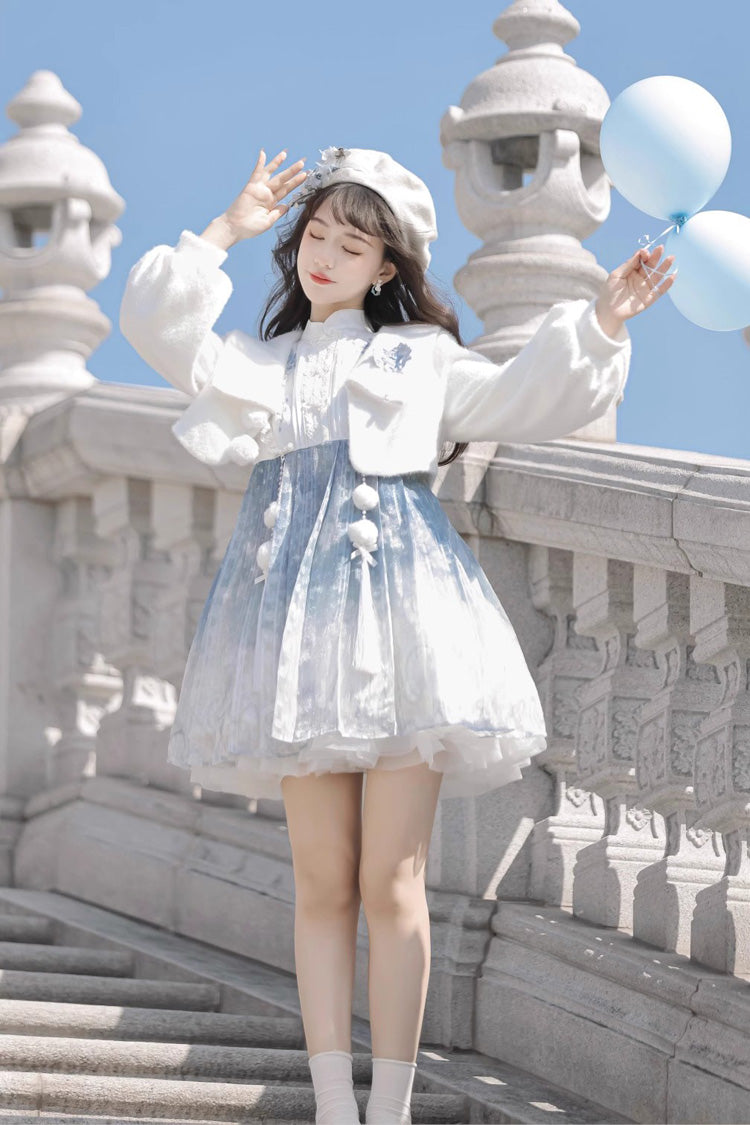 White Blue Printed Chinese Style JSK Set - Sweet Lolita Dress