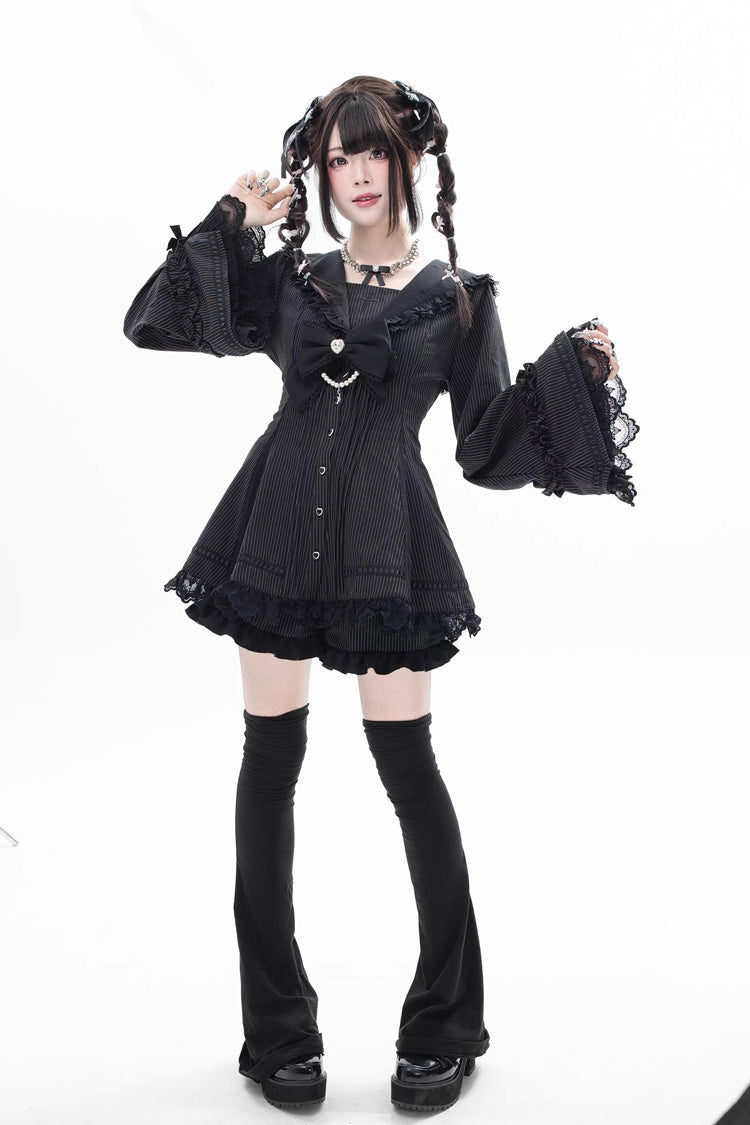 Sweet Square-Collar Bow Lace Pearl Jirai Kei Dress & Short Set