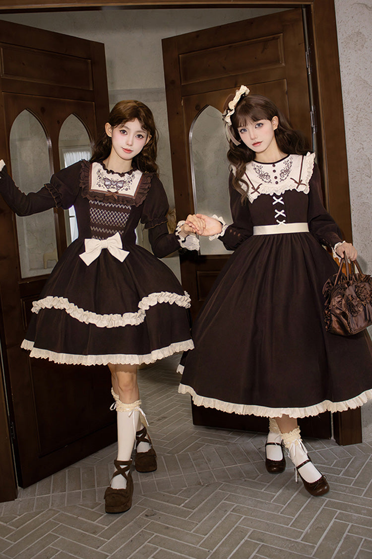 Brown Ruffled Bouquet Embroidered Sweet Lolita Dress - Miss Brown