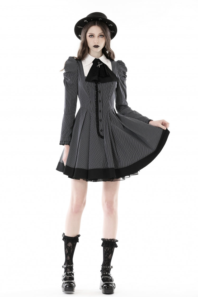 Lapel Collar Long Puff Sleeves Striped Preppy Gothic Dress