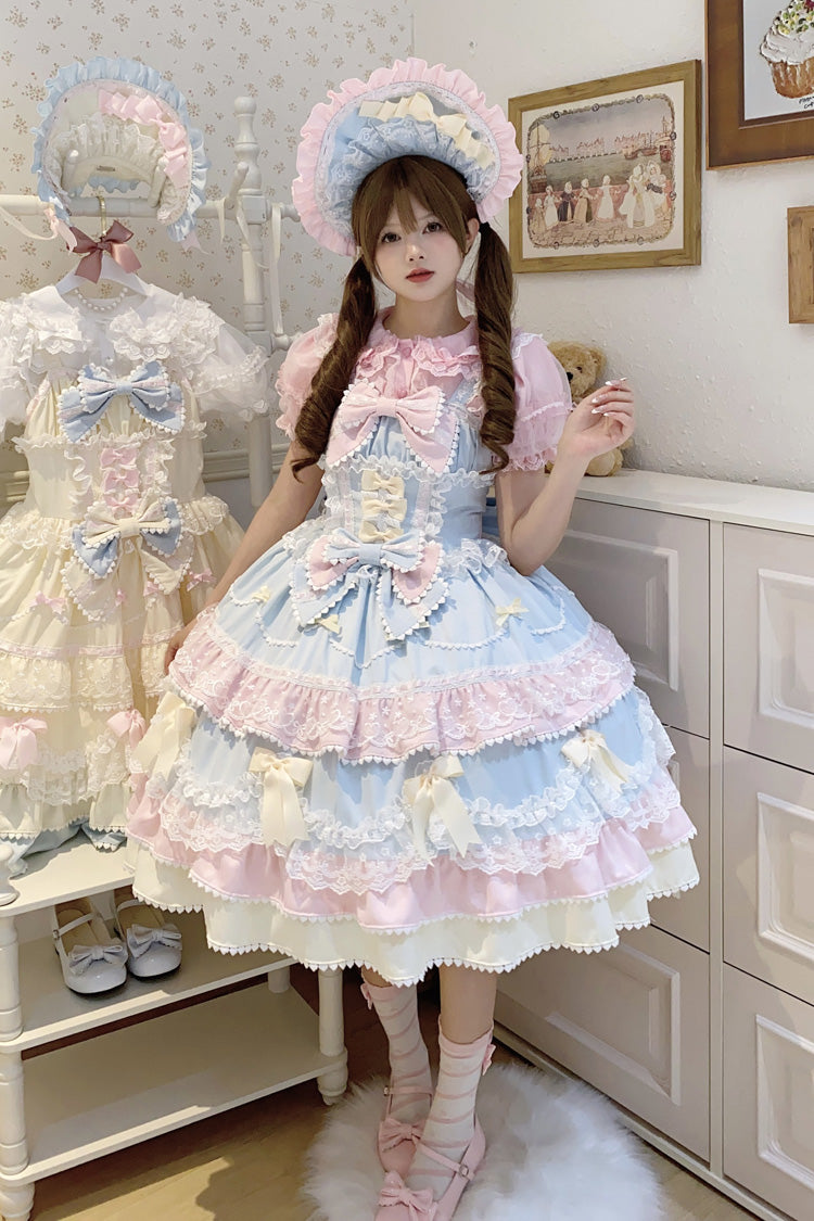 Blue Pink Fondant Cake Sleeveless Layered Ruffle Bow Lace Sweet Jsk Dress