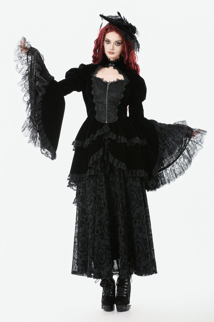 Jet-Black Gothic Coatlet with Layered Ruffles and High-Low Hem for Women