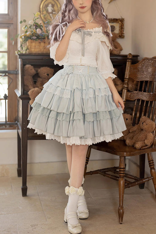 White/Blue Floral Ruffle Lolita Skirt Set - Sweet Lolita