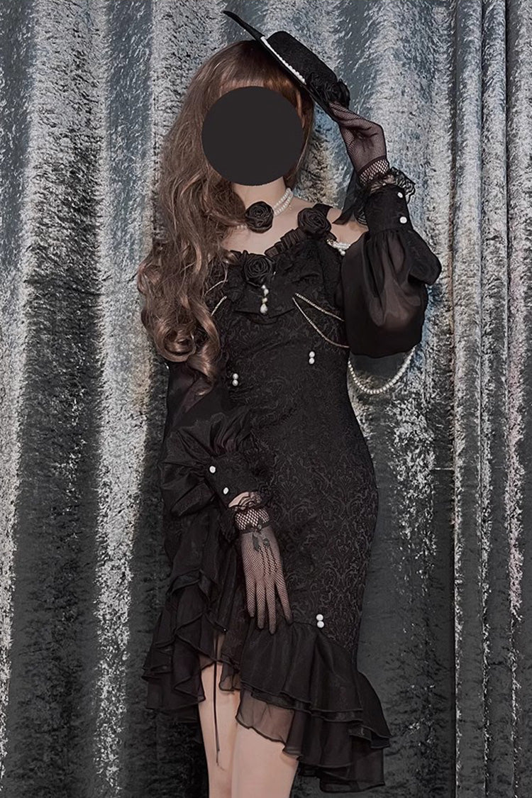 Asymmetric Jacquard Lace Fishtail JSK in Black