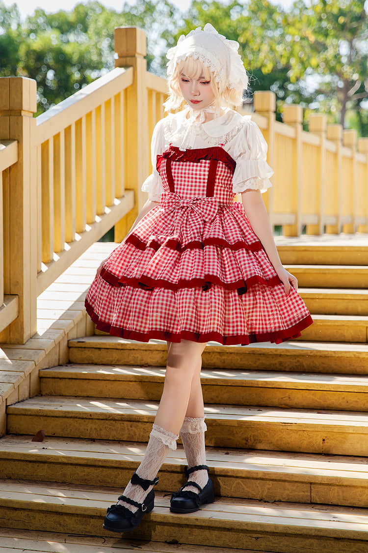 Red Triple-Layered Plaid Ruffle Bow Sweet Lolita Dress