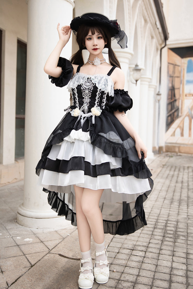 Starry Night Sea Rose Off-Shoulder Multi-Layered Ruffle Embroidered Lolita