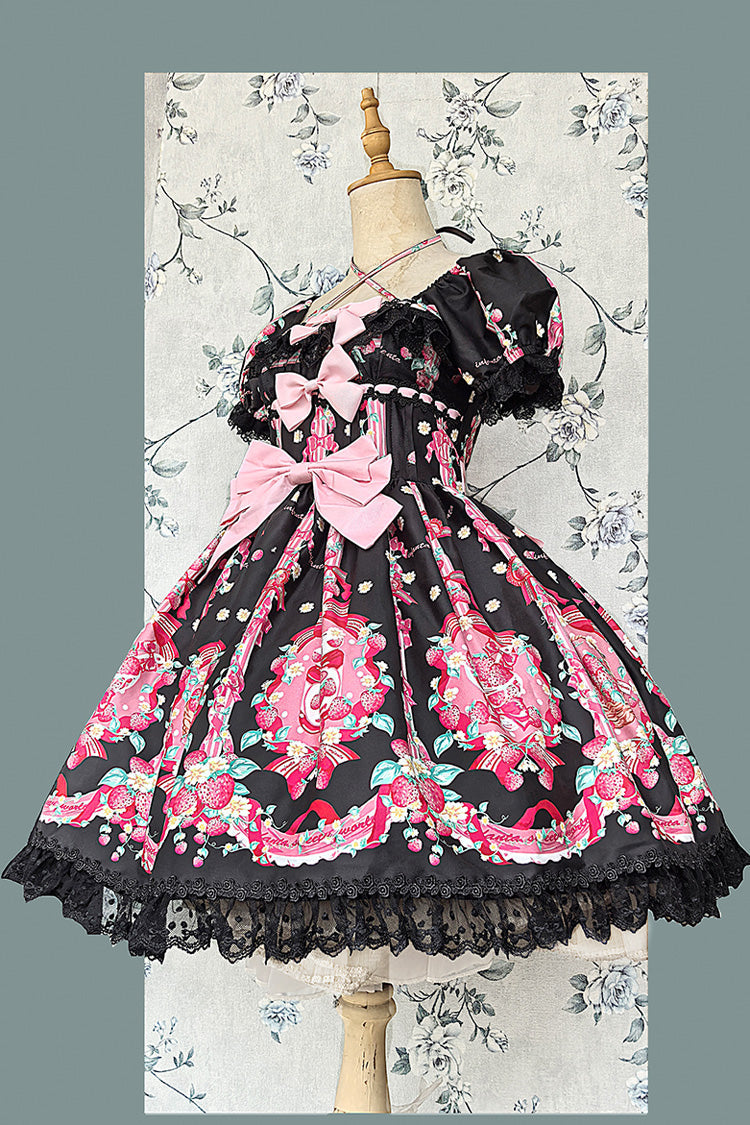 Printed Bowknot Lace Sweet Dress with Short Sleeves - Strawberry Chef