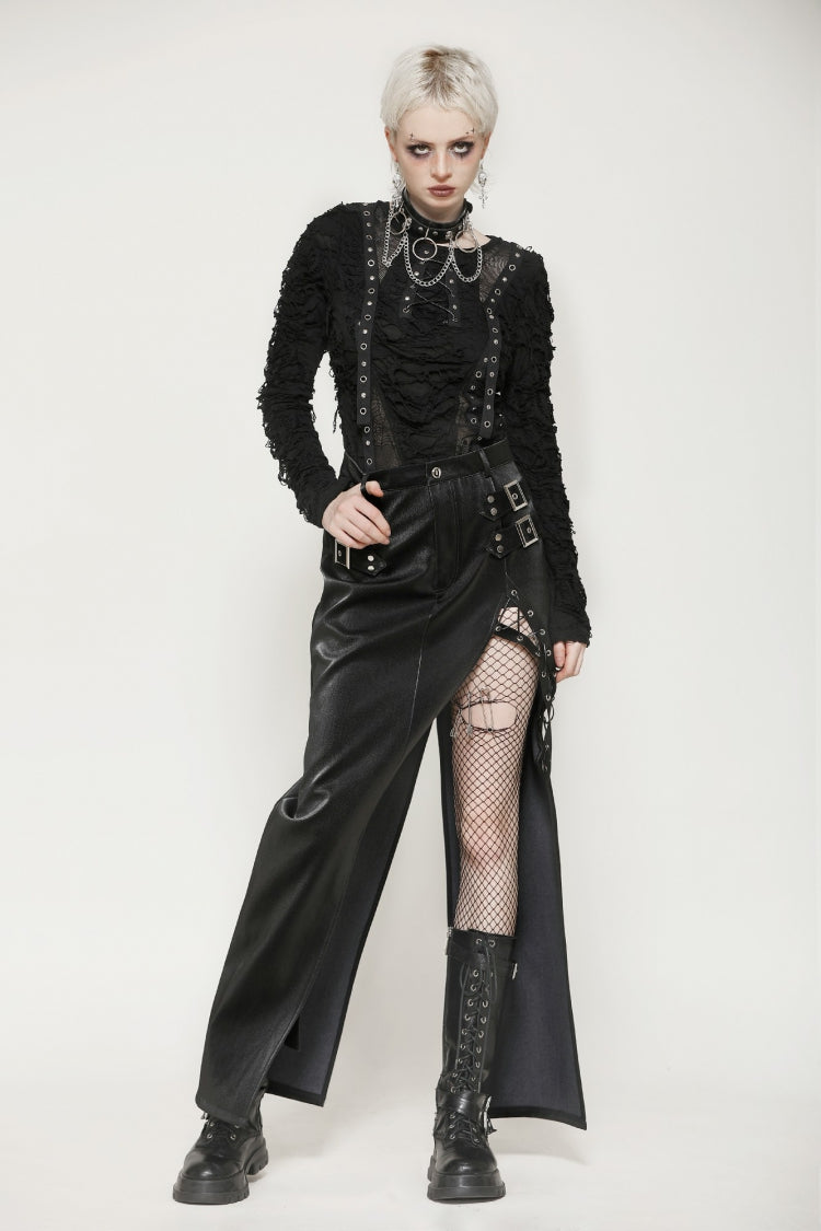 Coal Leather Skirt with Buckle Accents and Side Slit