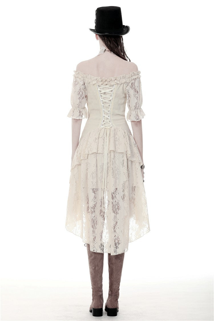 Beige Ruched Off-Shoulder Short Sleeve Steampunk Vintage Gown