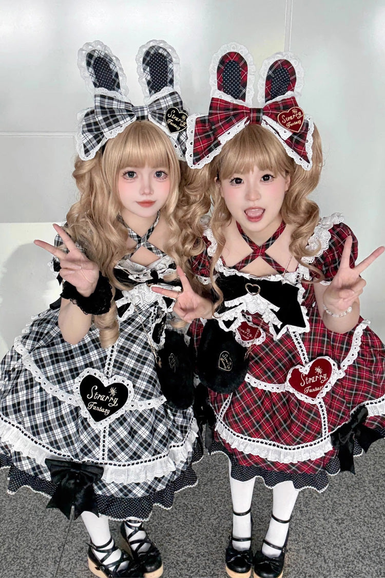 Sweet Lolita OP Dress with Plaid Print and Ruffle Bow Knot