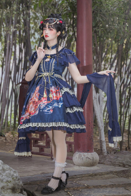 Elegant High Waist Lolita Dress - Ruffled Short Sleeve, Print