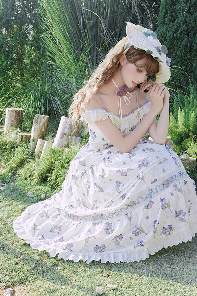 Cream Moonlight Iris Off-Shoulder Print Embroidery Lace Frilled Sweet Lolita JSK Dress