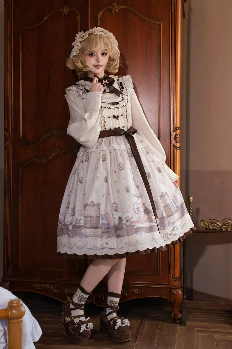 Cream Forest Tailor Shop Square Collar Printed Bow Frilled Sweet Lolita JSK Dress
