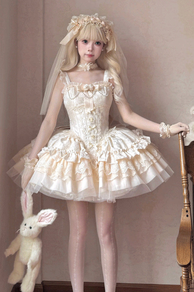 Ivory Sleeveless Multi-Layer Ruffled Bow Lace Lace-Up Sweet Princess Lolita JSK