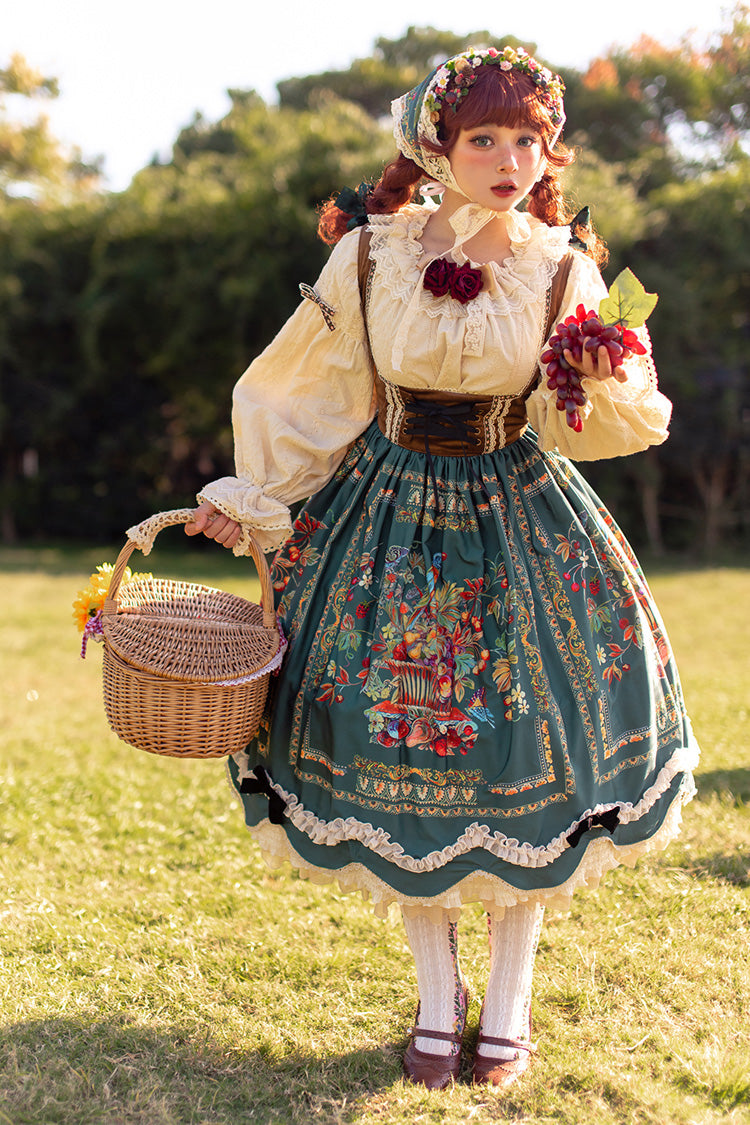 Green Velvet Classic Lolita JSK Dress with Berries and Birds Print Ruffle Bowknot