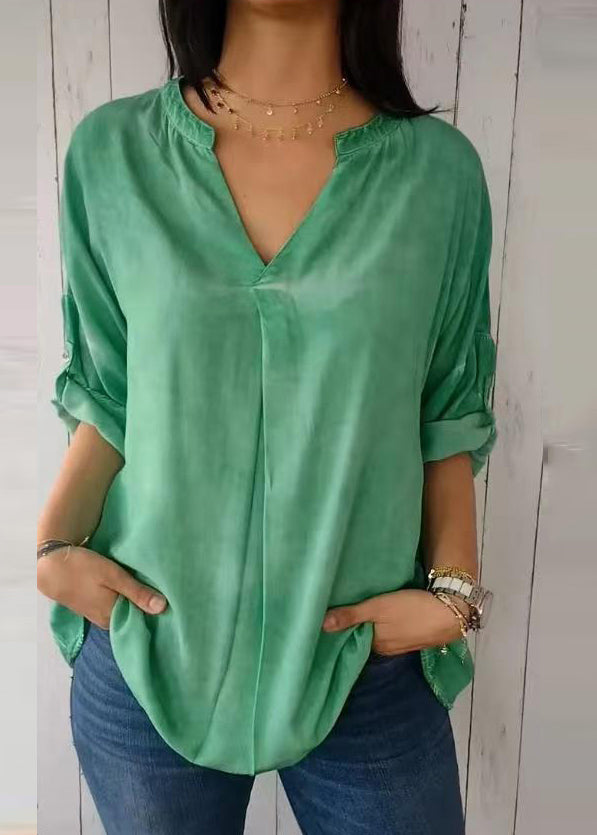 Solid Neck Short Shirt 2025 Green Sleeve V
