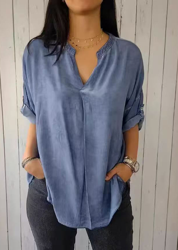 Solid Neck Short Shirt 2025 Green Sleeve V