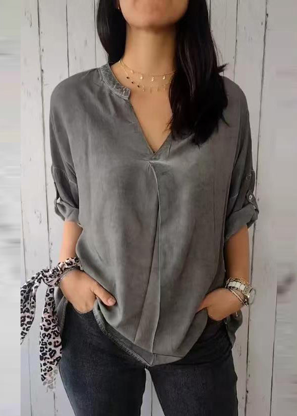 Solid Neck Short Shirt 2025 Green Sleeve V