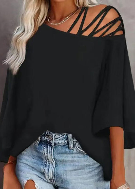 Out 2025 Sleeve Batwing Black Loose New Top Hollow