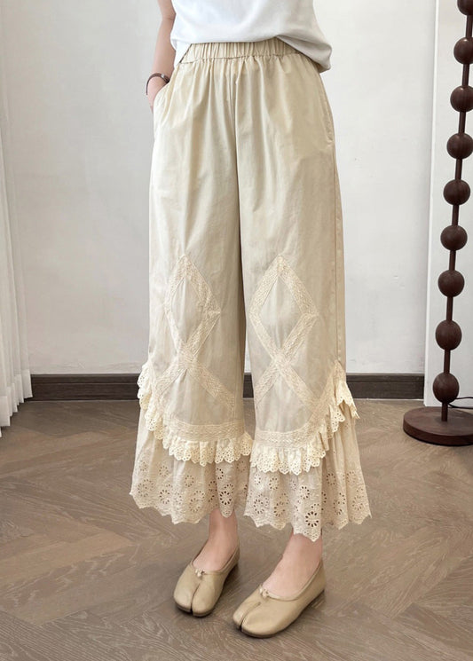 New Splicing Wide 2025 Leg Lace Summer Apricot Pants