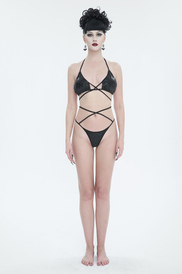 Dark Occult Print Strap Gothic Swimwear Ensemble