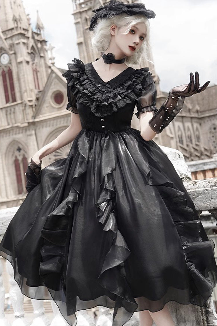 Lace-Trim Puff-Sleeve Gothic Lolita Dress