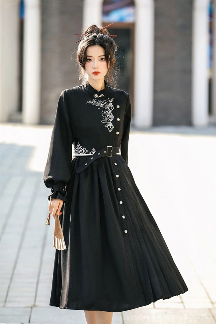 Chinese Style Hanfu Dress with Print and Single Breasted Front