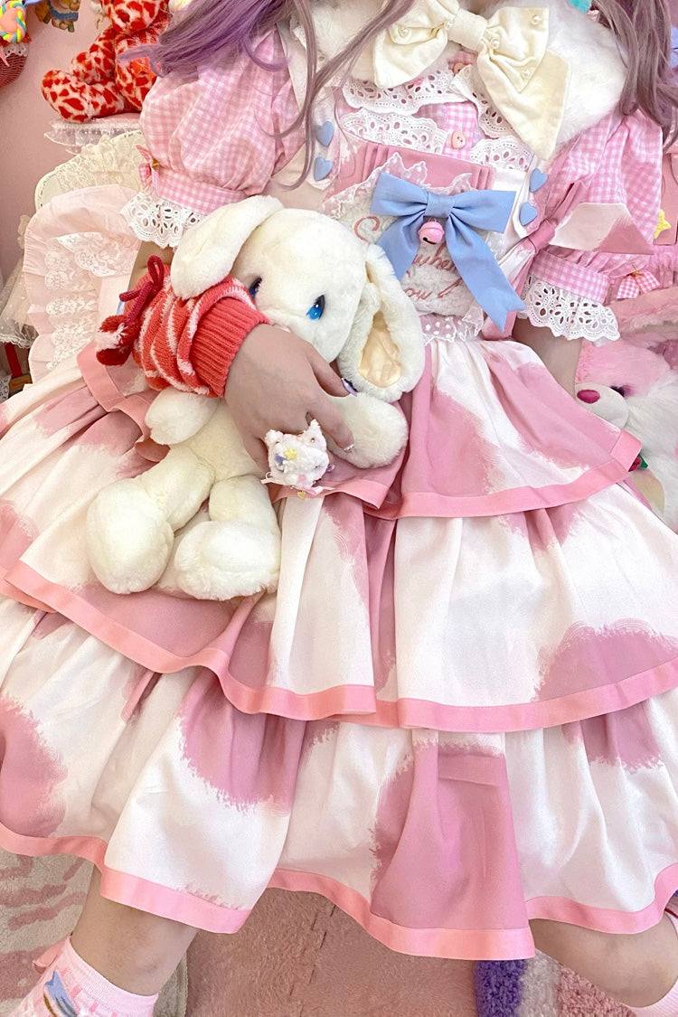 Pink Sleeveless Cow-Print Triple-Layer Ruffle Bow Sweet JSK Dress