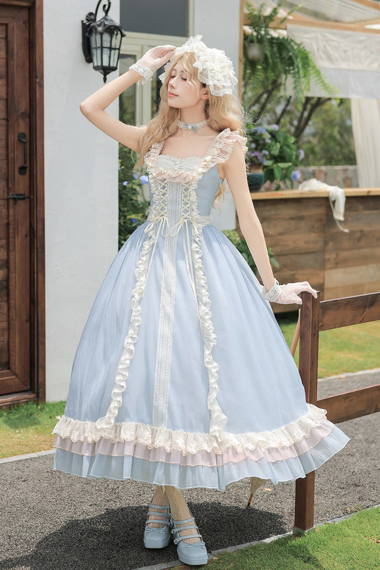 Island Diary Square Collar Flutter Sleeves Triple-Layered Ruffled Lace-Up Sweet Lolita Jsk Dress 2 Versions - Blue