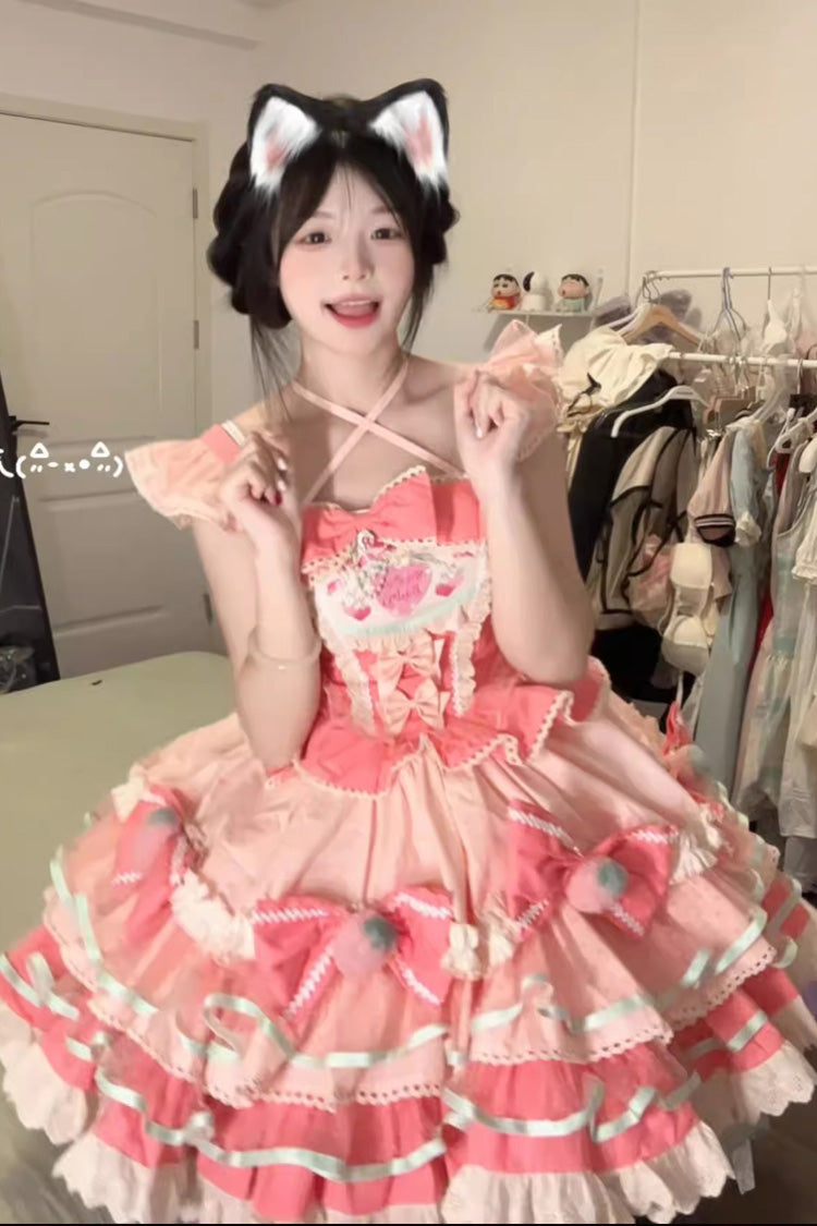 Pink Tiered Sweet Lolita Dress with Print and Multi-Layered Ruffle Bowknot