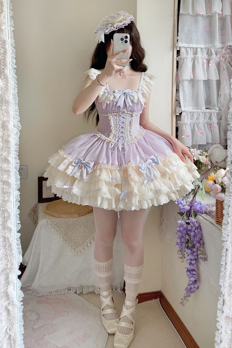 Flory Butterfly Violet Double-Layered Ruffle Bowknot Lace-Up Ballet Lolita JSK - Flory Butterfly