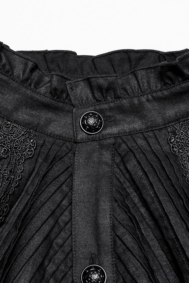 Jet-Black Gothic Blouse with Puffed Sleeves and Lace Accents for Men