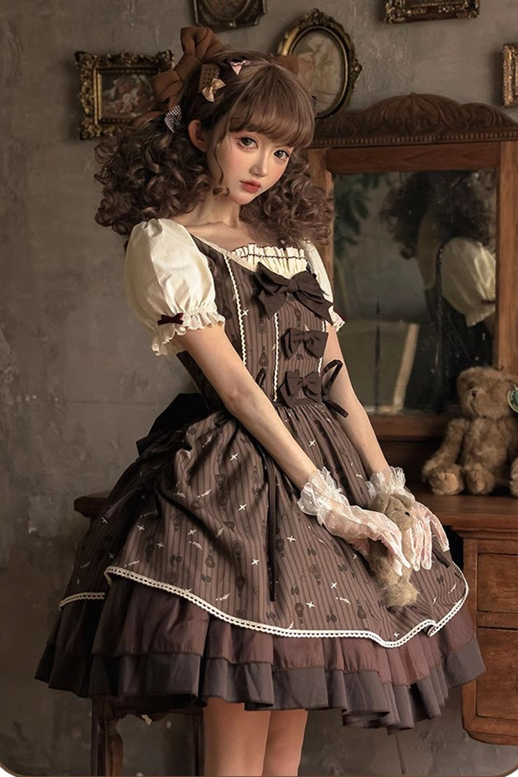 Brown Print Bow Sweet Elegant Princess Dress - Hot Air Balloon
