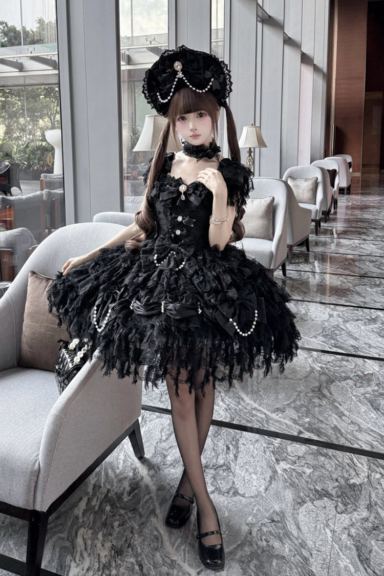Sleeveless Bow-Adorned Pearl Gothic JSK in Black