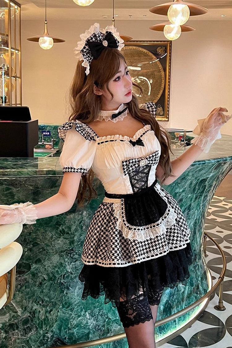 Black/White Square Collar Short Sleeve Print Ruffle Bow Maid Dress