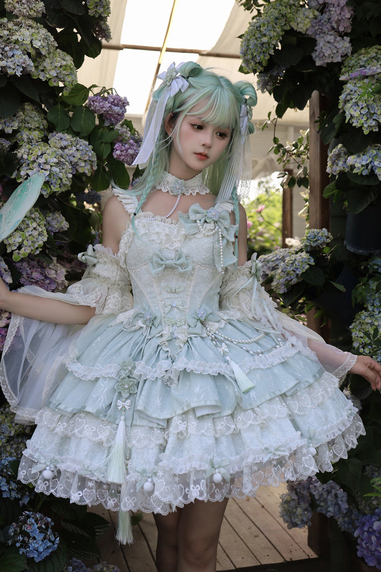 Jacquard Square Collar Sleeveless Layered Cherry Lace Pearl Bow Lolita JSK