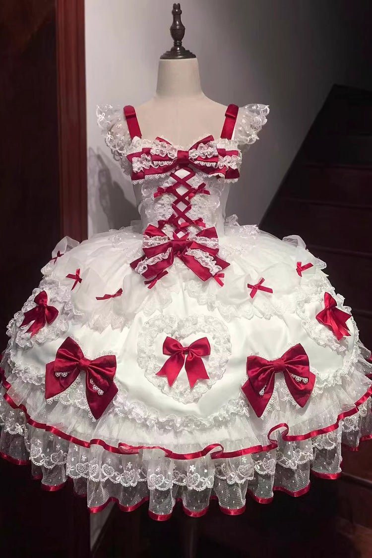 Ivory and Scarlet Heart Sleeveless Layered Embroidered Bow Lace-Up Sweet Lolita JSK