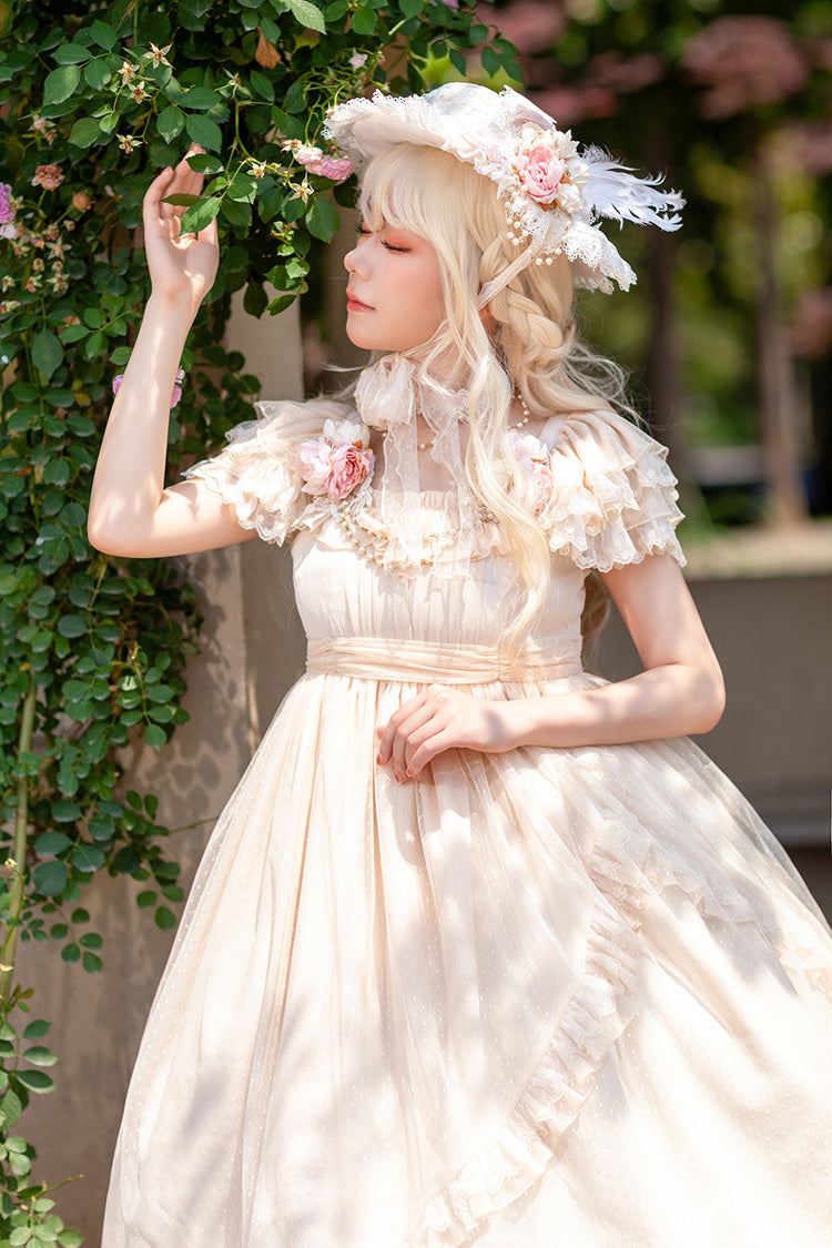 Apricot Elegant Lolita Dress with Polka Dot Print Ruffles Bowknot and Asymmetric Sweet Style