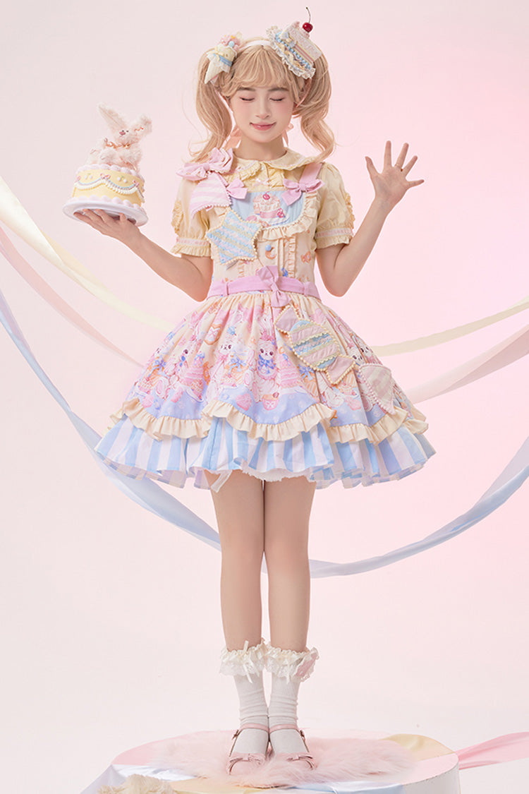 Multicolor Party Bunny Cat Printed Bow Sweet Lolita Jumper Dress