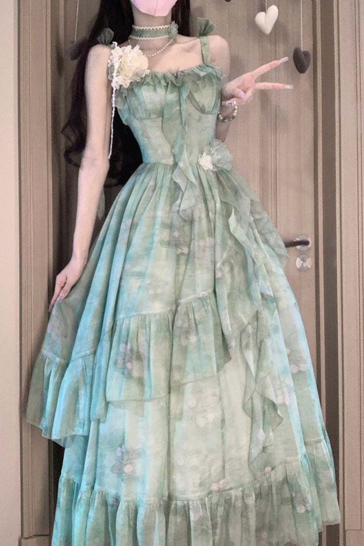 Green Sweet Lolita JSK Long Dress with Print and Ruffle Bowknot Style