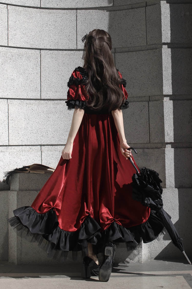 Red Square Collar Short Sleeves Ruffle Bowknot Sweet Regency-Style Vintage Lolita Dress