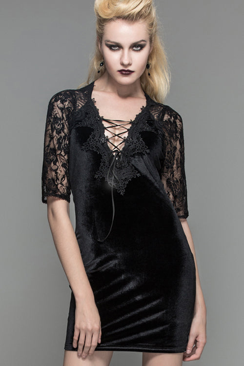 Gothic Sexy Deep-V Velvet Black Lace Raglan-Sleeve Rose Mesh Flocked Dress