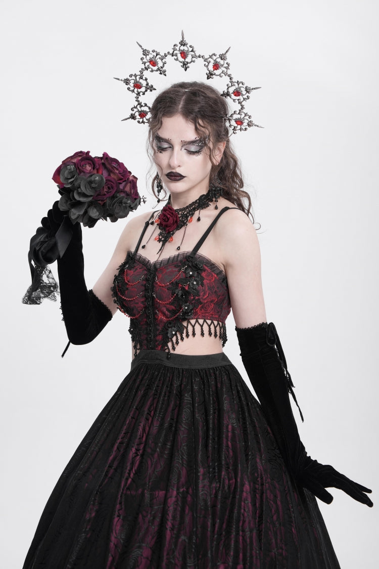 Scarlet Jacquard Floral Embroidered Ripped Gothic Slip Dress